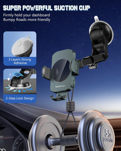 3-in-1 Wireless Car Charger Mount, 15W Fast Charging Auto-Clamping Phone Holder for iPhone 17 16 15 14, Samsung Galaxy S24 S23, Dashboard, Vent & Windshield Car Mount(Black)