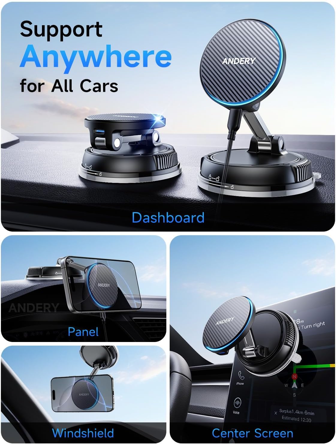 ANDERY Only for iPhone Magsafe Car Mount Charger [15W Fast Wireless Charge, 78+LBS Strong Suction & 2400gf Magnetic] 360° Adjustable Car Phone Holder, Phone Holders for Your Car Dash Accents Accessory