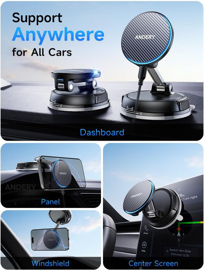 ANDERY Only for iPhone Magsafe Car Mount Charger [15W Fast Wireless Charge, 78+LBS Strong Suction & 2400gf Magnetic] 360° Adjustable Car Phone Holder, Phone Holders for Your Car Dash Accents Accessory