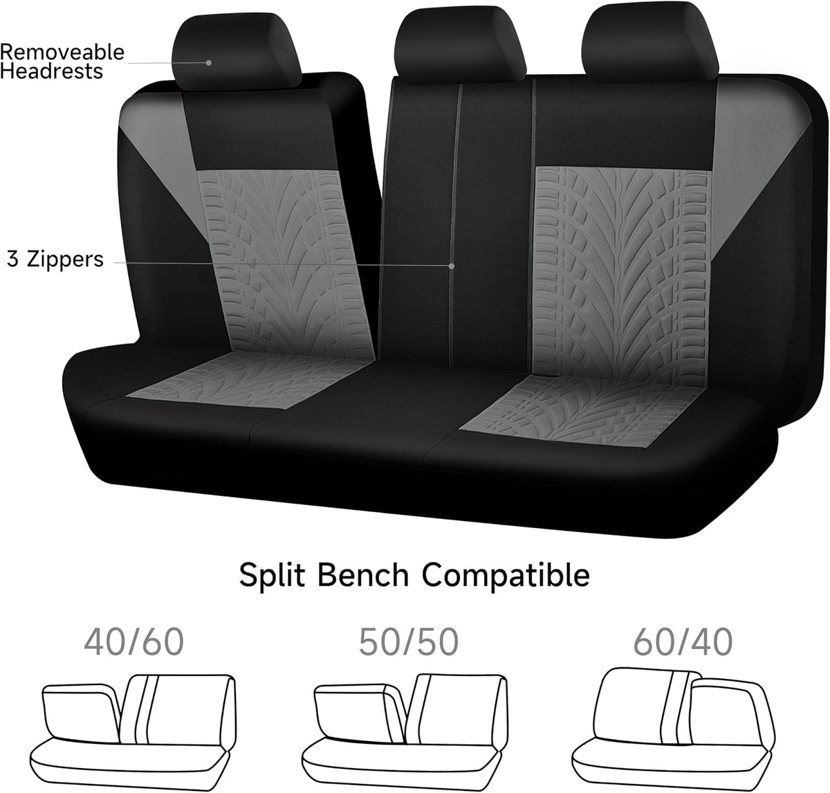 CAR PASS Car Seat Covers Full Sets, Front & Split Rear Bench for Car, 3D Tyre Embossed Automotive Interior Covers, Airbag Compatible, Quick Setup Universal Fit Seat Covers for Car, SUV(Charcoal)
