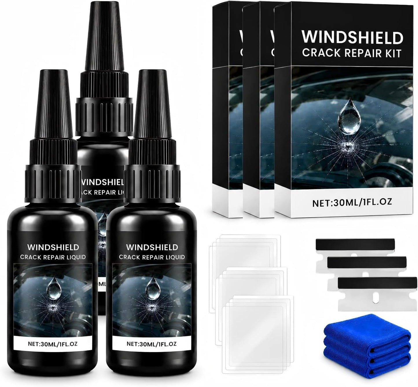 Windshield Crack Repair Kit, 2026 New Upgrate Windshield Repair Kit for Chips and Cracks with 30ml Glass Repair Liquid 1 Towel 1 Blade 5 Curing Films, Cracks Gone Glass Repair Kit (1 Black)