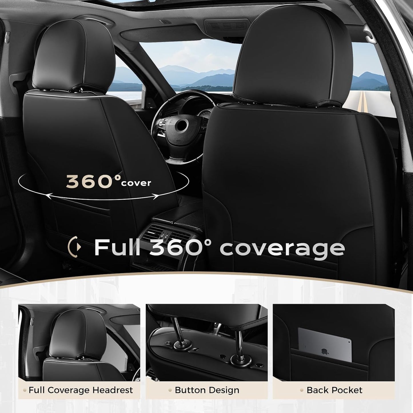 Coverado Seat Covers Full Set, Black Seat Covers for Cars 5 Seats, Car Seat Protector, Waterproof Nappa Leather Car Seat Cushion, Front and Rear Car Seat Cover Fit for Most Sedans SUV Pick-up Truck - Colors A