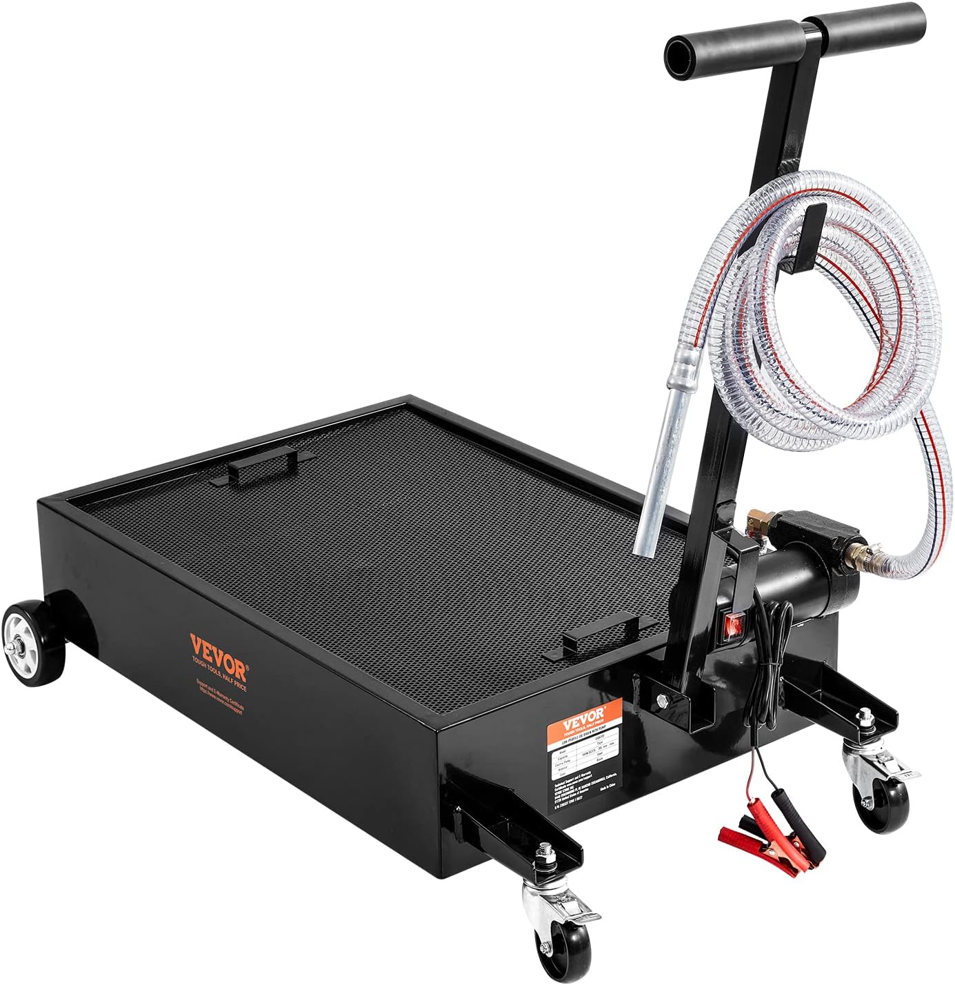 VEVOR Low Profile Oil Drain Pan, 17 Gal Capacity, Rolling Oil Drain Pan with 110V High-Flow Electric Pump, 7.2 ft Hose & T Folding Handle, Leak-proof & Corrosion-resistant, Fit for Trucks, ATVs, Black