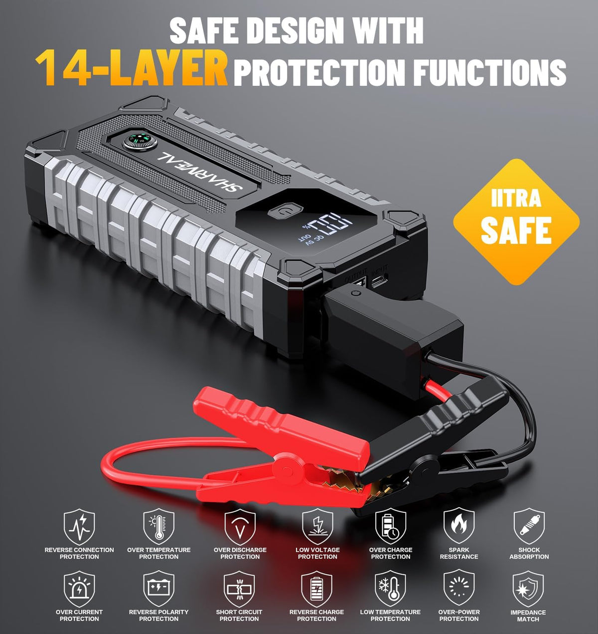 Sharmeal Car Jump Starter 5000A, Jump Starter Battery Pack for 10.0L Gas and 9.0L Diesel, 12V Portable Jump Box with LED Light