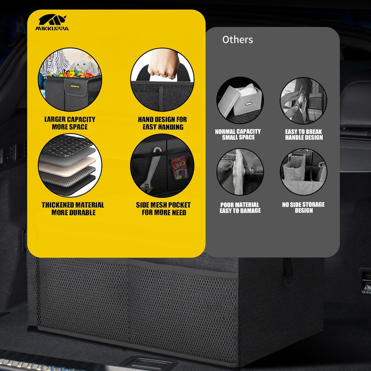 MIKKUPPA Car Trunk Organizer - 65L Collapsible Trunk Organizer with Lid, Sturdy Car Storage for SUV Auto Truck Van with Adjustable Straps and Non Slip Bottom (Black)