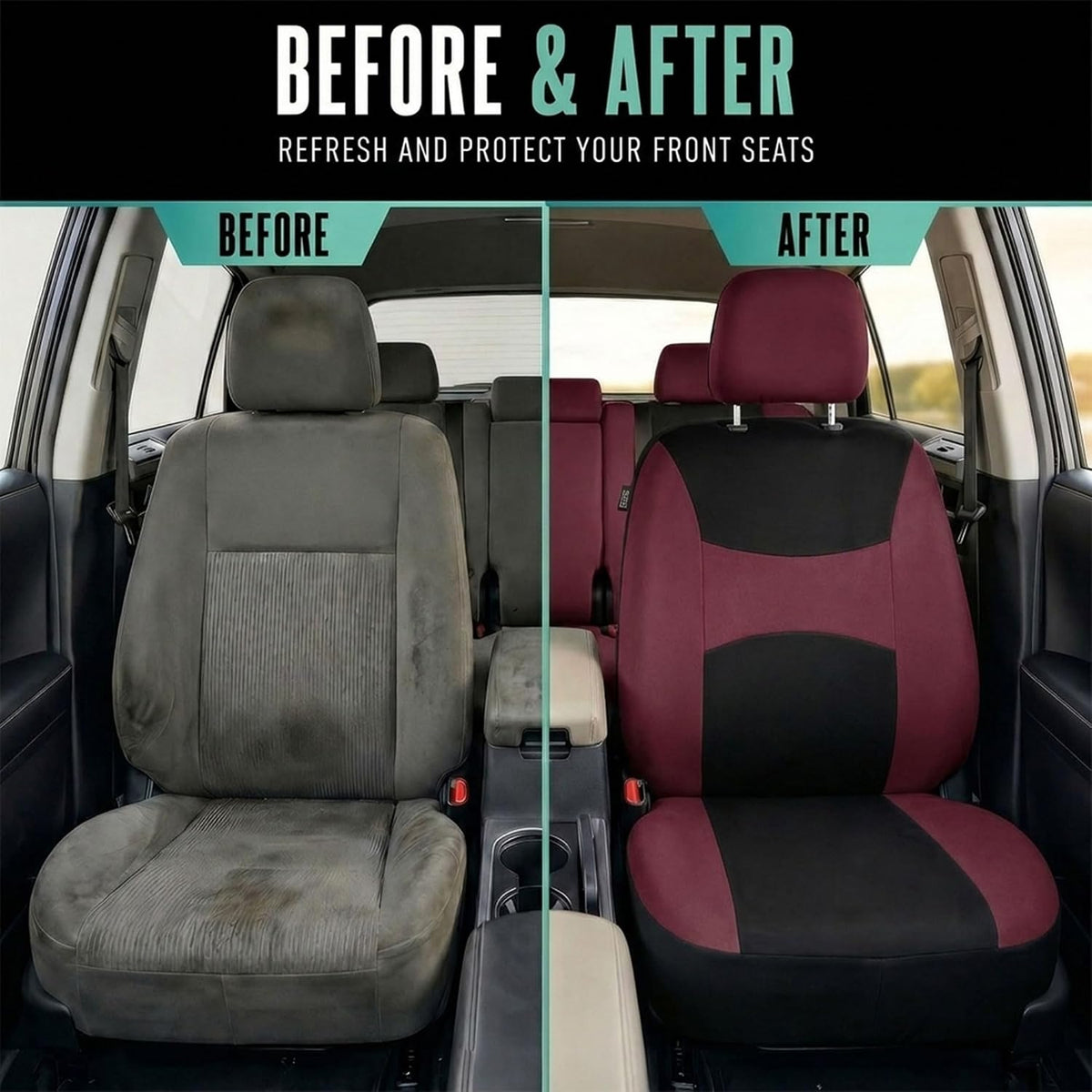 FH Group Full Set Cloth Car Seat Covers, Universal Fit Front and Split Bench Rear, Airbag Compatible, Washable for SUV, Sedan, Van - Black