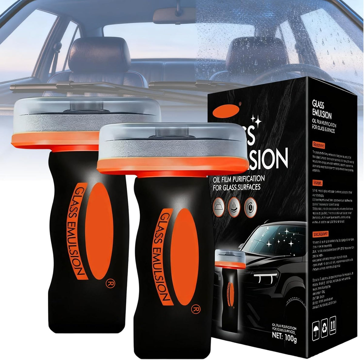 2PCS Glass Emulsion Cleanerr,Glass Oil Film Remover for Car,Roll-On Glass Compound with Cleaning Board,Removes Oil Film & Smudges,Universal Anti-Rain Fog BrushOil Film Remover for Car Windshield(100g)