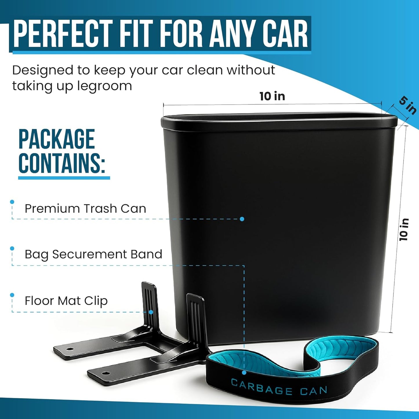 Car Trash Can for Car — 3-Gallon Leakproof Garbage Can with Floor Mat Clip & Bag Securement Band | Open-Top Vehicle Trash Bin for Drivers & Passengers | Fits SUV, Truck, Van, Sedan, MPV (Black)