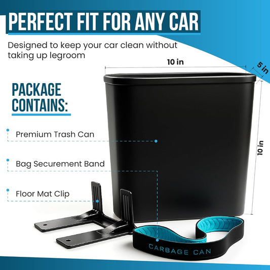 Car Trash Can for Car — 3-Gallon Leakproof Garbage Can with Floor Mat Clip & Bag Securement Band | Open-Top Vehicle Trash Bin for Drivers & Passengers | Fits SUV, Truck, Van, Sedan, MPV (Black)