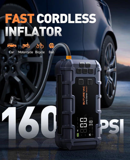 Portable 10-in-1 Car Battery Jump Starter with Air Compressor 8000A 160PSI 45W Charger, Jump Starter Jump Box (All Gas 14L Diesel), Car Battery Jumper Starter Portable Jumper Cables, Gloves, Lights