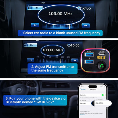 Syncwire Bluetooth 5.4 FM Transmitter Car Adapter 48W (PD 36W & 12W) [Light Switch] [HiFi Bass Sound] [Fast Charging] Wireless Radio Music Adapter LED Display Hands-Free Calling Support USB Drive