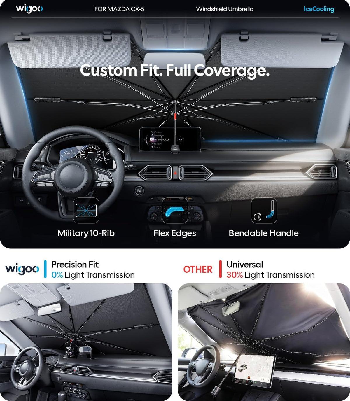 Wigoo Windshield Sun Shade Umbrella for Tesla Model Y [100% Sun Blockage, Ice Cooling Fabric] Foldable Heat Insulation Front Window Sunshade Umbrella for Tesla Model Y 2020–2026 (Juniper)