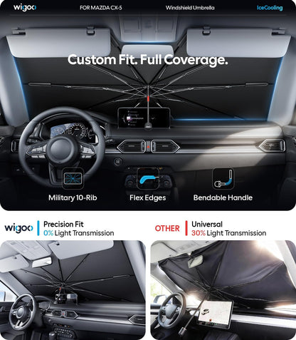 Wigoo Windshield Sun Shade Umbrella for Tesla Model Y [100% Sun Blockage, Ice Cooling Fabric] Foldable Heat Insulation Front Window Sunshade Umbrella for Tesla Model Y 2020–2026 (Juniper)