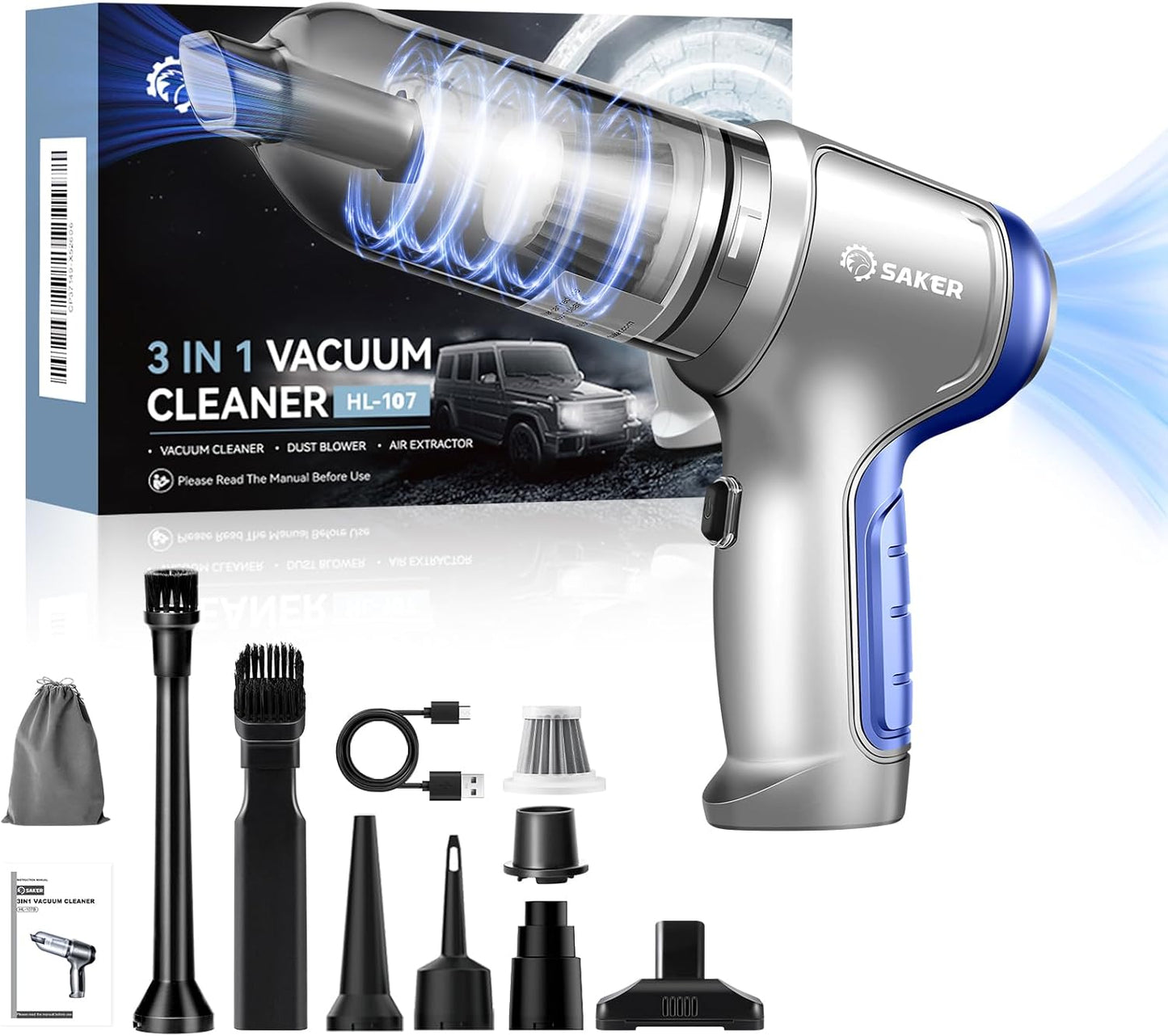 Saker Car Vacuum Portable Cordless Handheld Car Vacuum 15000PA High Power with Brushless Motor and Blower for Cars,Office,Home Cleaning HL107B
