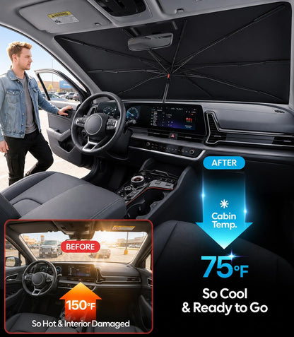 Wigoo Windshield Sun Shade Umbrella for Tesla Model Y [100% Sun Blockage, Ice Cooling Fabric] Foldable Heat Insulation Front Window Sunshade Umbrella for Tesla Model Y 2020–2026 (Juniper)