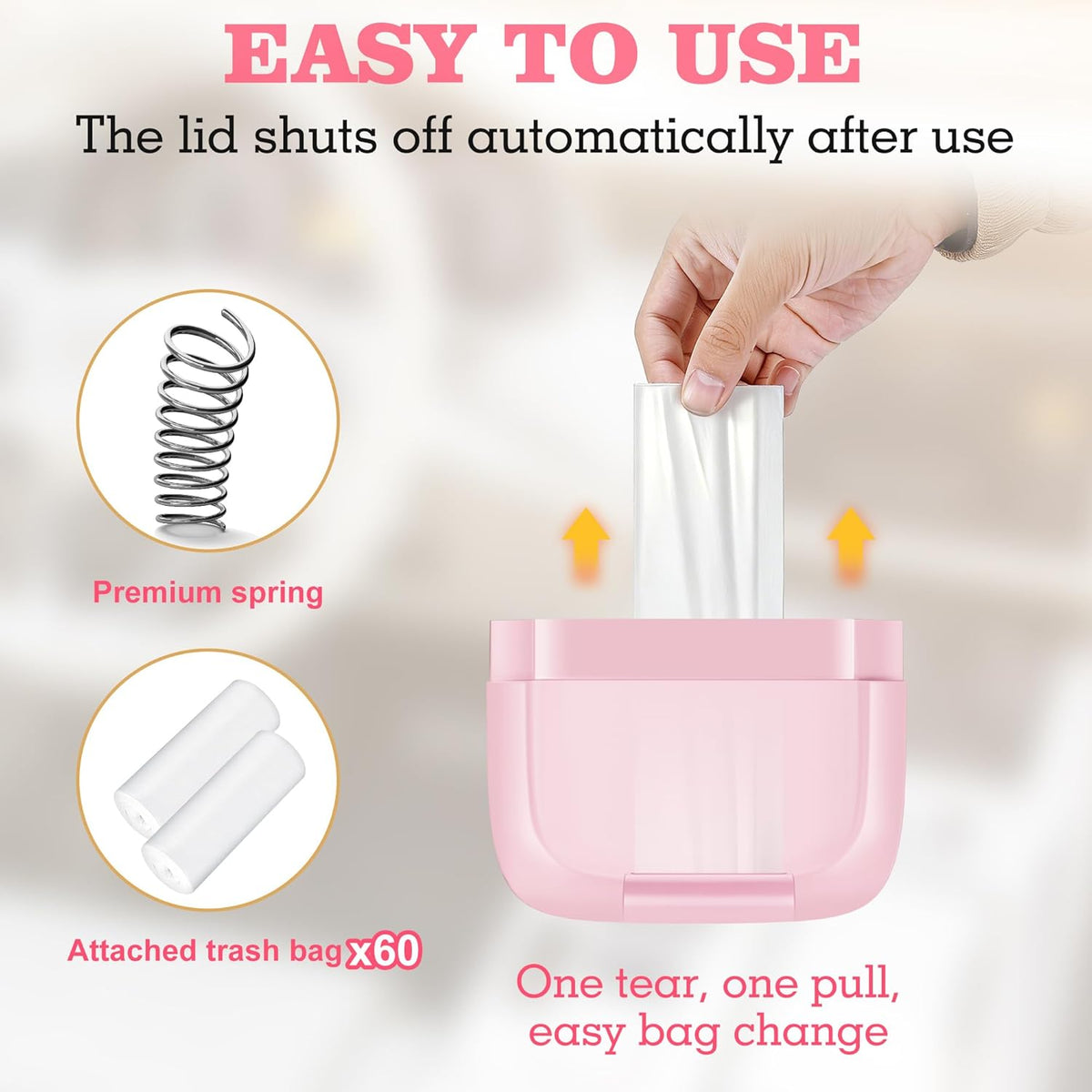 2 Packs Car Trash Can with Lid，Built-in Storage Garbage Bag，Leakproof Vehicle Trash，Car Accessories for Interior,Mini Garbage Bin for Automotive, Office, Kitchen,Bedroom，with 60pcs Trash Bags