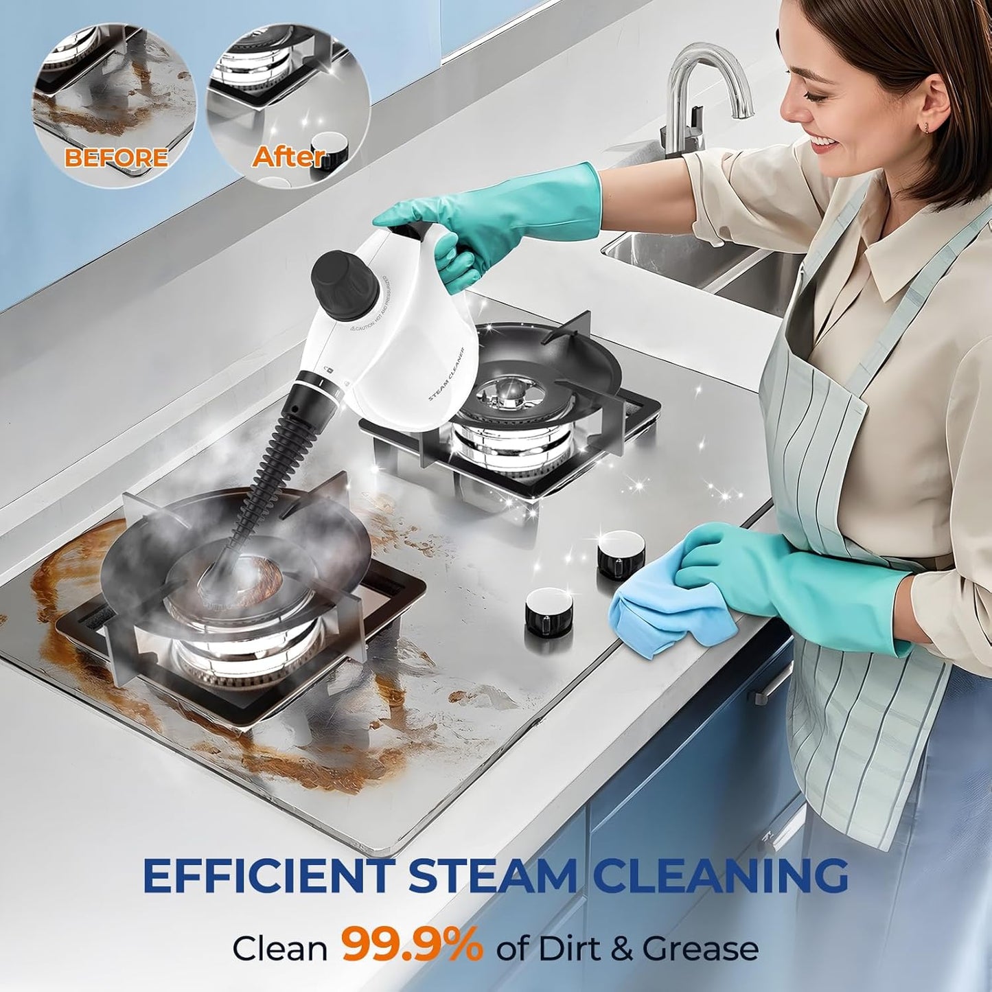 Steam Cleaner, Pressurized Handheld 13pcs Multi-Purpose Natural Deep Cleaning Steamer, Portable Steamer for Cleaning Home, Grout, Kitchen, Car, Window, Upholstery, Bathroom and Clothes, White