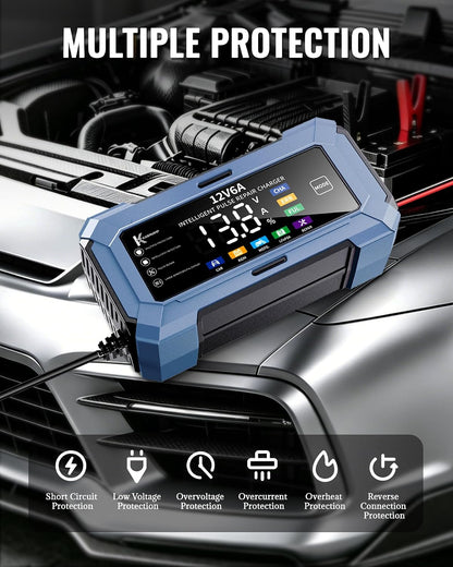 Car Battery Charger and Automatic Trickle Charger Battery Maintainer with Intelligent Pulse Repair Digital Display trickle Charger for car Battery 12v 6A for AGM LiFePO4 Motorcycle Batteries