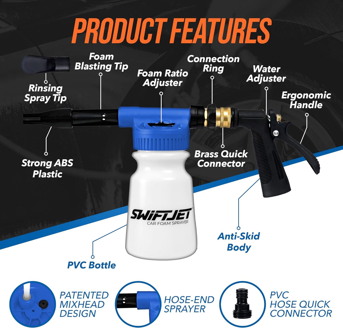 SwiftJet Car Wash Foam Gun + Microfiber Wash Mitt - Foam Cannon Works with Any Soap - Garden Hose Car Foam Sprayer - Car Wash Kit - Car Accessories Foam Blaster (Orange Foam Gun with Mitt)