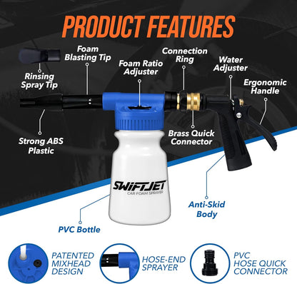 SwiftJet Car Wash Foam Gun + Microfiber Wash Mitt - Foam Cannon Works with Any Soap - Garden Hose Car Foam Sprayer - Car Wash Kit - Car Accessories Foam Blaster (Orange Foam Gun with Mitt)