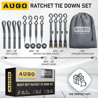 AUGO Ratchet Straps Heavy Duty 4 Pack -15 FT - 2200 LB Break Strength – with Safety Lock S Hooks - Cargo Straps for Moving, Appliances, Motorcycle – Soft Loop Tie Down Straps