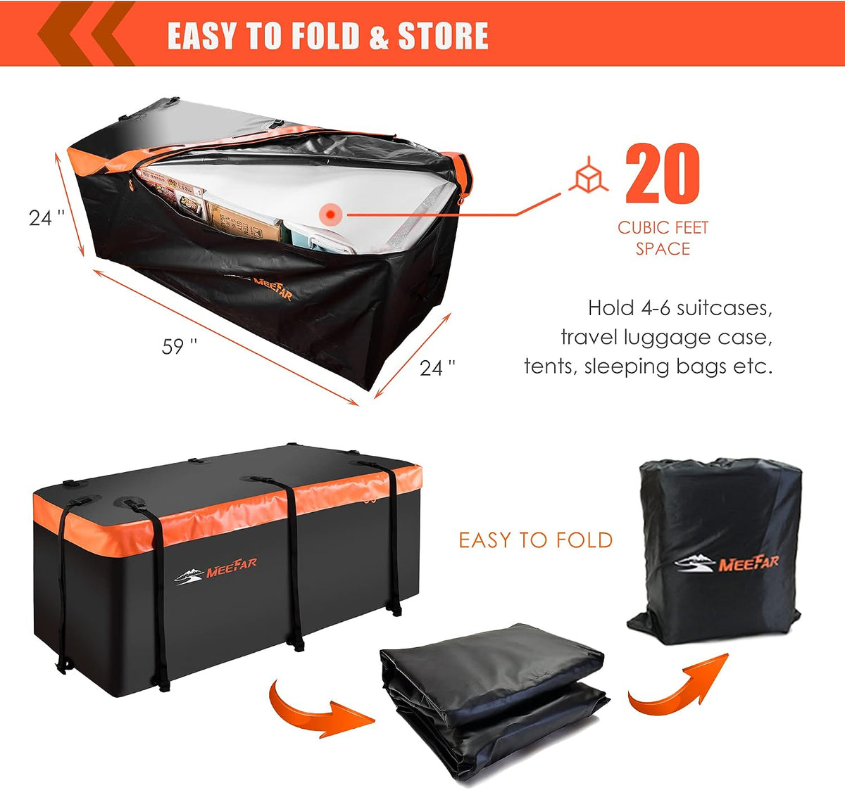 MeeFar Rooftop Cargo Carrier Car Roof Bag 21 Cubic Feet 100% Waterproof Car Top Carrier, Fits All Vehicle with/Without Rack,Include Anti-Slip Mat,10 Reinforced Straps,6 Door Hooks,Luggage Lock