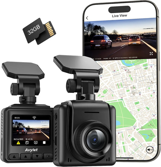 2K Dash Cam with 32 GB Card, 1.5'' IPS Screen, External GPS, WiFi Dash Camera for Cars, Front Dashcams for Cars with APP, WDR, Night Vision, 24 Hours Parking Monitor, G-Sensor, Loop Recording
