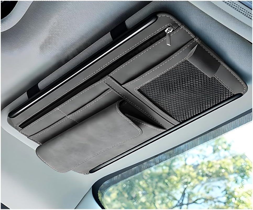 Yourkar Car Sun Visor Organizer, Soft Leather Surface Eyeglasses Note Card Holder Car Storage Bag, Scratch-Resistant Waterproof Auto Sunshade Organizer Bag, Car Accessories (Gray)