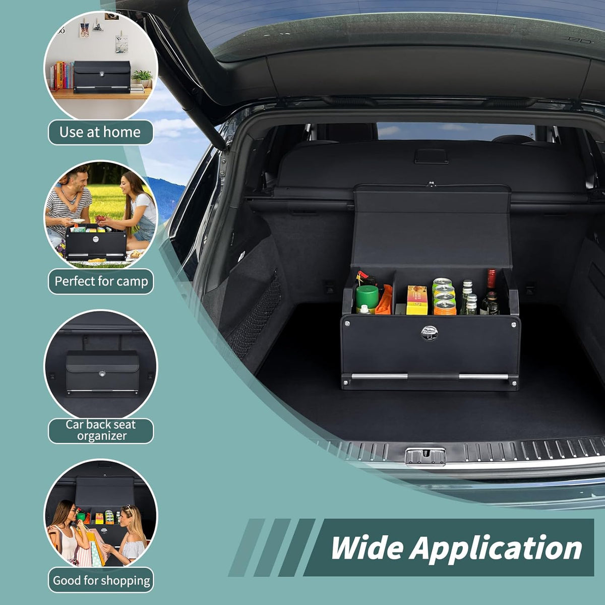 XCF Car Trunk Organizer, Leather Trunk Organizer for SUV with Lid and Sturdy Handle Car Storage Organizer (Black, 20.47 x 11.42 x 12.2in)