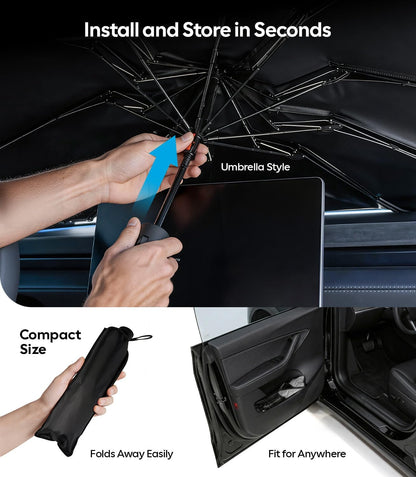 Wigoo Windshield Sun Shade Umbrella for Tesla Model Y [100% Sun Blockage, Ice Cooling Fabric] Foldable Heat Insulation Front Window Sunshade Umbrella for Tesla Model Y 2020–2026 (Juniper)