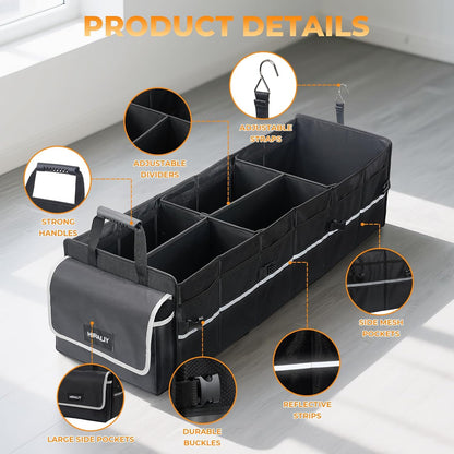 HIRALIY 4 in 1 Car Trunk Storage Organizer with Leakproof Cooler Bag, Multi-Compartment Foldable Trunk Storage Box for Car Truck SUV Black