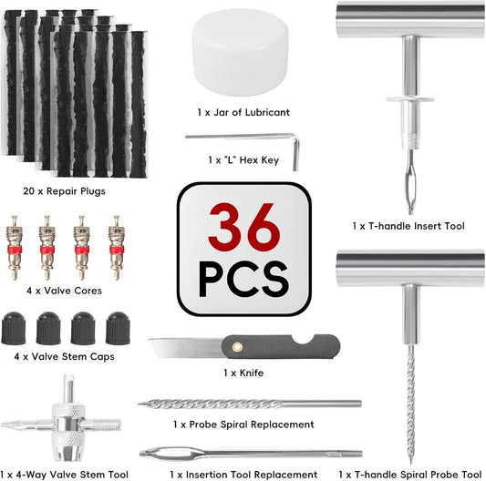 PINKJOY 36 Pcs Tire Plug Kit, Heavy Duty Tire Repair Kit for Car, Motorcycle, ATV, Jeep, Truck, Tractor Flat Tire Puncture Repair Tools