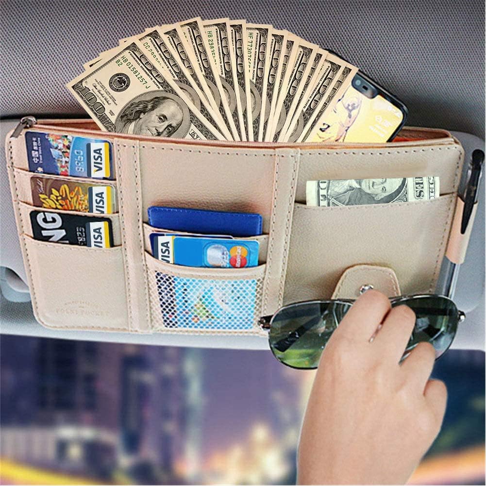 Car Visor Organizer, Auto Interior Accessories, Car Truck SUV Storage Pouch Holder, with Multi-Pocket Net Zipper (Black)