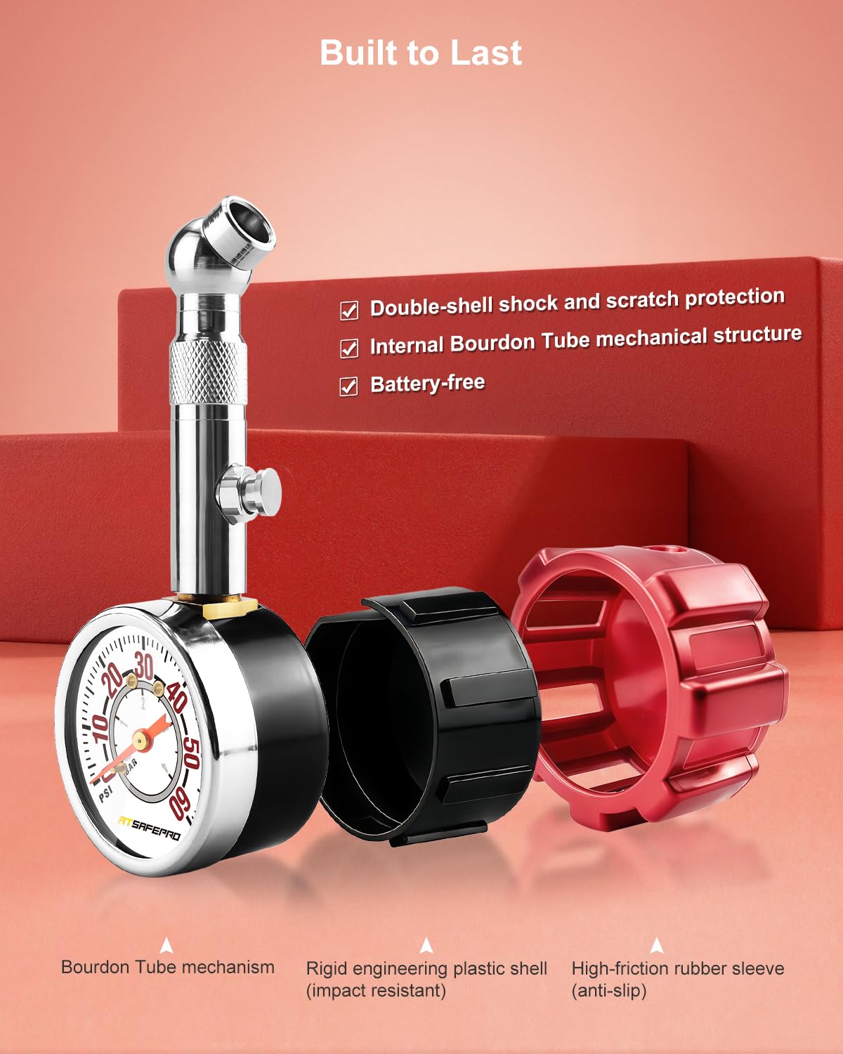 ATsafepro Tire Pressure Gauge, 5-60 PSI, ANSI B40.1 Certified, Extended 360° Swivel Head, Hold & Bleed Button, Dual Guard,Tire Gauges Fit for Cars and Motorcycles - Compact & Battery-Free