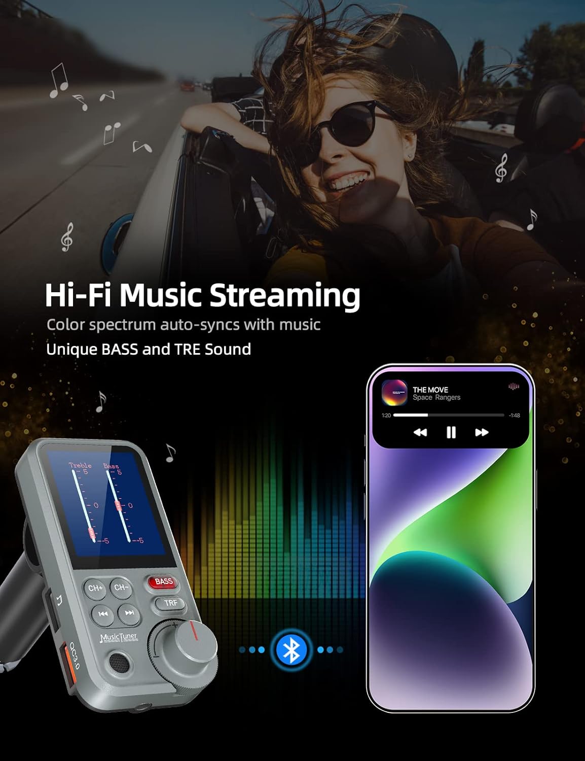 Nulaxy KM30 Bluetooth Car Adapter, FM Transmitter with 1.8" Color Screen, Hands-Free Calling Strong Mic, QC3.0 Fast Charging, Treble & Bass Sound Music Player, Wireless Radio Receiver, AUX TF USB