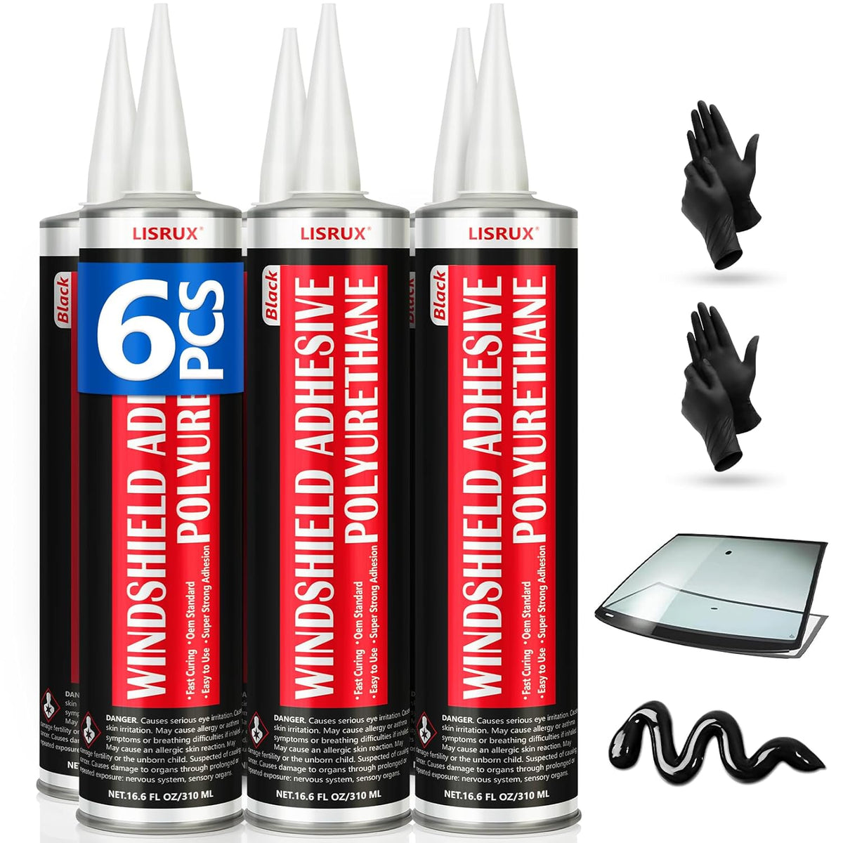 [2 Pack] Polyurethane Windshield Adhesive, Windshield Sealant Black - High Bond Strength, Quick Curing & Weather Resistant Automotive Glass Glue for Vertical & Overhead Application, 310ml