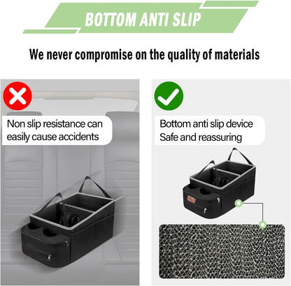 FUNNy elf Car Backseat Organizer for Cars, Collapsible Front Seat Organizer with 4 Cup Holders, Storage Pockets & Dividers, Passenger Seat Organizer for SUV, Truck, Sedan