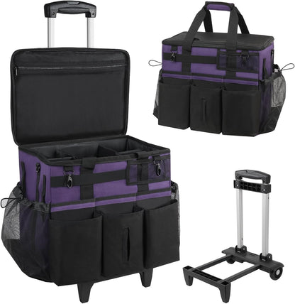 SCAVATA Rolling Cleaning Caddy Bag with Detachable Trolley, Large Cleaning Supplies Organizer with Wheels, Multi Pocket Cleaning Cart with Adjustable Shoulder Strap for Housekeepers & Home Use, Black
