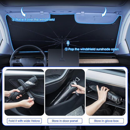 helloleiboo Car Windshield Sun Shade Umbrella 57" x 32", Windshield Sun Shade Foldable with 5-Layer Thickened Vinyl Coating Reflective Heat & UV Protection Fits Most Sedans & Compact SUVs
