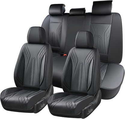Huidasource Coffee Seat Covers Full Set, Universal Fit for Most Cars Trucks SUV, Full Coverage Leather Seat Cover, Airbag, Cupholder Compatible, Velcro Adjustable, Heaating/Cooling Function Retain