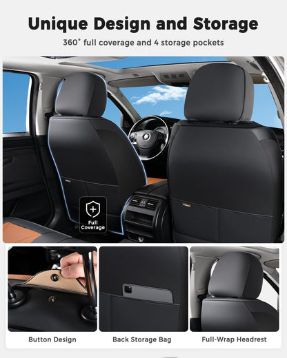 Huidasource Coffee Seat Covers Full Set, Universal Fit for Most Cars Trucks SUV, Full Coverage Leather Seat Cover, Airbag, Cupholder Compatible, Velcro Adjustable, Heaating/Cooling Function Retain