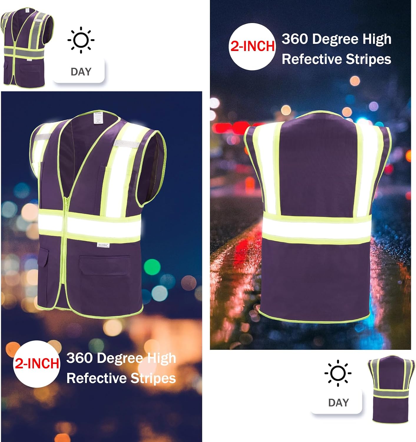 High Visibility Reflective Safety Vest with Zipper and Pockets Orange,M