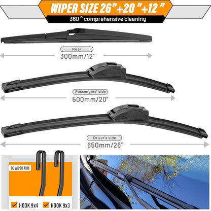 AUTOBOO 3-Pack Windshield Wiper Blades for Subaru Outback 2020-2025, Original Equipment Replacement 26"+18" Front and 16" Rear, All-Weather Performance, Easy One-Click Install