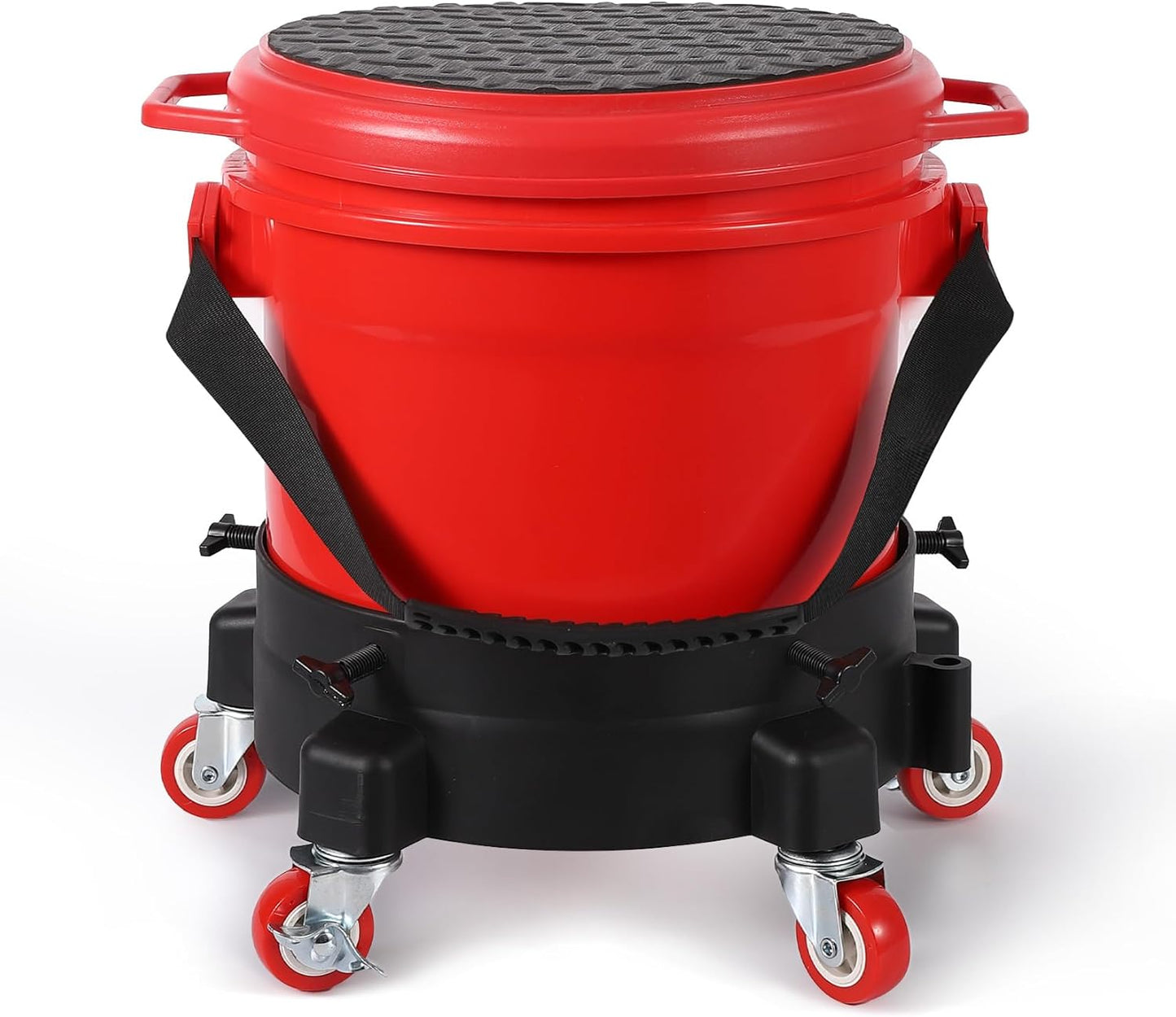 5 Gallon Car Wash Bucket Kit, 300LB Capacity Washing System with 5-Wheel Rolling Dolly, 15.5L Bucket, Grit Trap & Lid, Mobile Detailing Station for Car Wash (Red/Black)