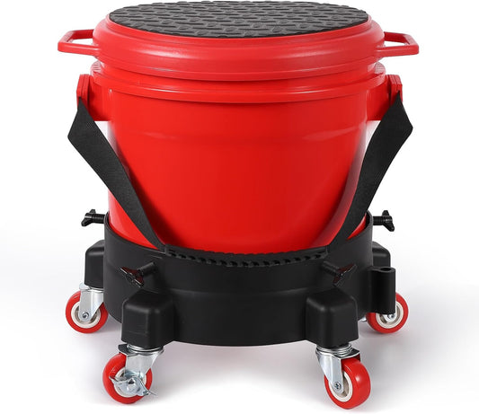 5 Gallon Car Wash Bucket Kit, 300LB Capacity Washing System with 5-Wheel Rolling Dolly, 15.5L Bucket, Grit Trap & Lid, Mobile Detailing Station for Car Wash (Red/Black)