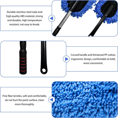 2 PCS Microfiber Car Dusters, Scratch Free Auto Exterior Dust Brust Set with Extendable Duster, Multipurpose Soft Brushes Dusting Supplies for Cars Trucks SUVs Motorcycles (Blue)