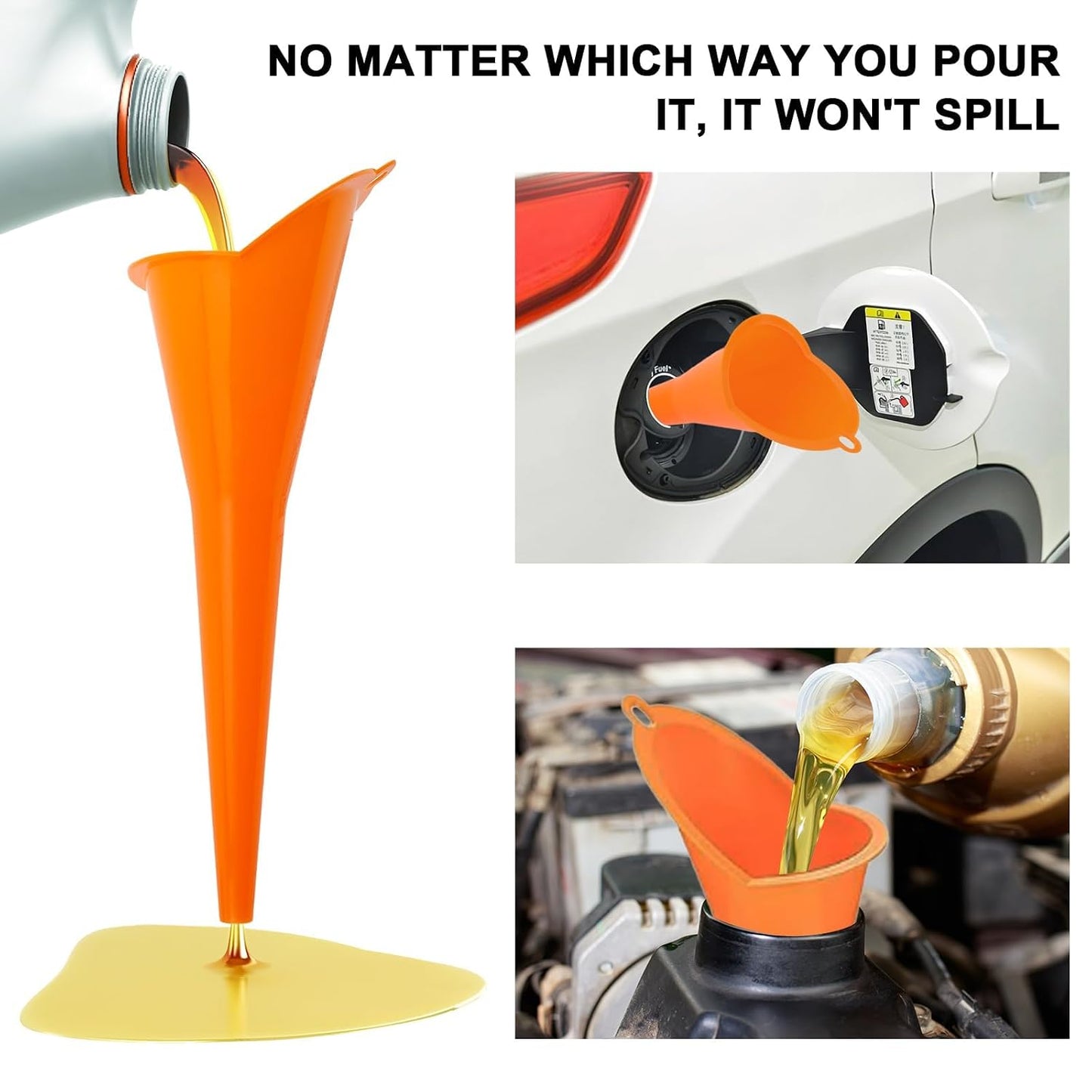 3-Pack Long-Neck Oil Funnels, 11" Multi-Purpose Funnels for Automotive & Motorcycle Use – Reusable Funnel for Oil, Gas & Transmission Fluid (Orange&Blue&Black)
