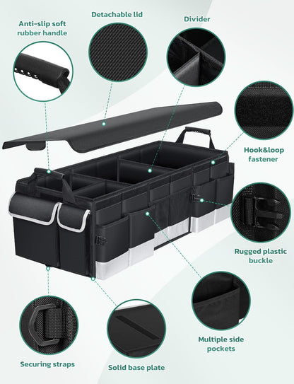 Oasser Car Trunk Organizer, 3 Compartments Collapsible Waterproof Car Organizer Storage with Foldable Cover, Reflective Strip, Non-Slip Bottom, 4 Mesh Pockets for SUV/Truck/Sedan/Camping/Road Trip