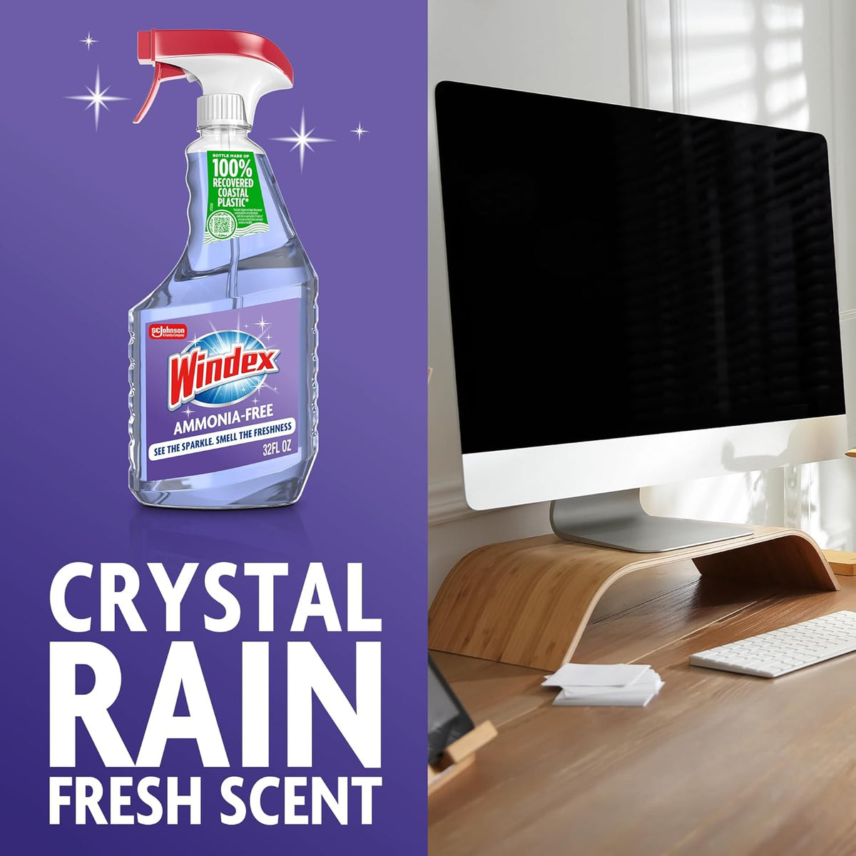 Windex Glass and Window Cleaner Spray Bottle, Ammonia Free, Packaging Designed to Prevent Leakage and Breaking, Surface Cleaning Spray, Crystal Rain Scent, 23 Fl Oz