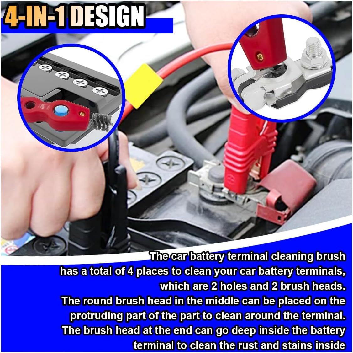 4 in 1 Car Battery Terminal Cleaner, Car Battery Post Cleaner, Anti-Rust Car Battery Terminals Machine Parts Cleaning Brush, Universal Car Cleaning Tool Accessories (Yellow, 1PC)